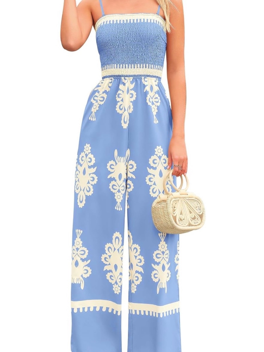Smocked Strapless Blue & Cream Wide-Leg Jumpsuit